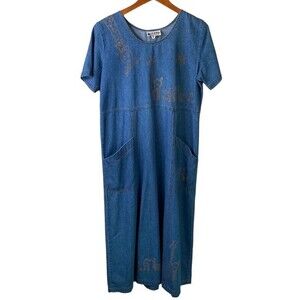 RAMA of USA Vintage Denim Chambray Short Sleeve Midi Dress Giraffe Drawing Retro